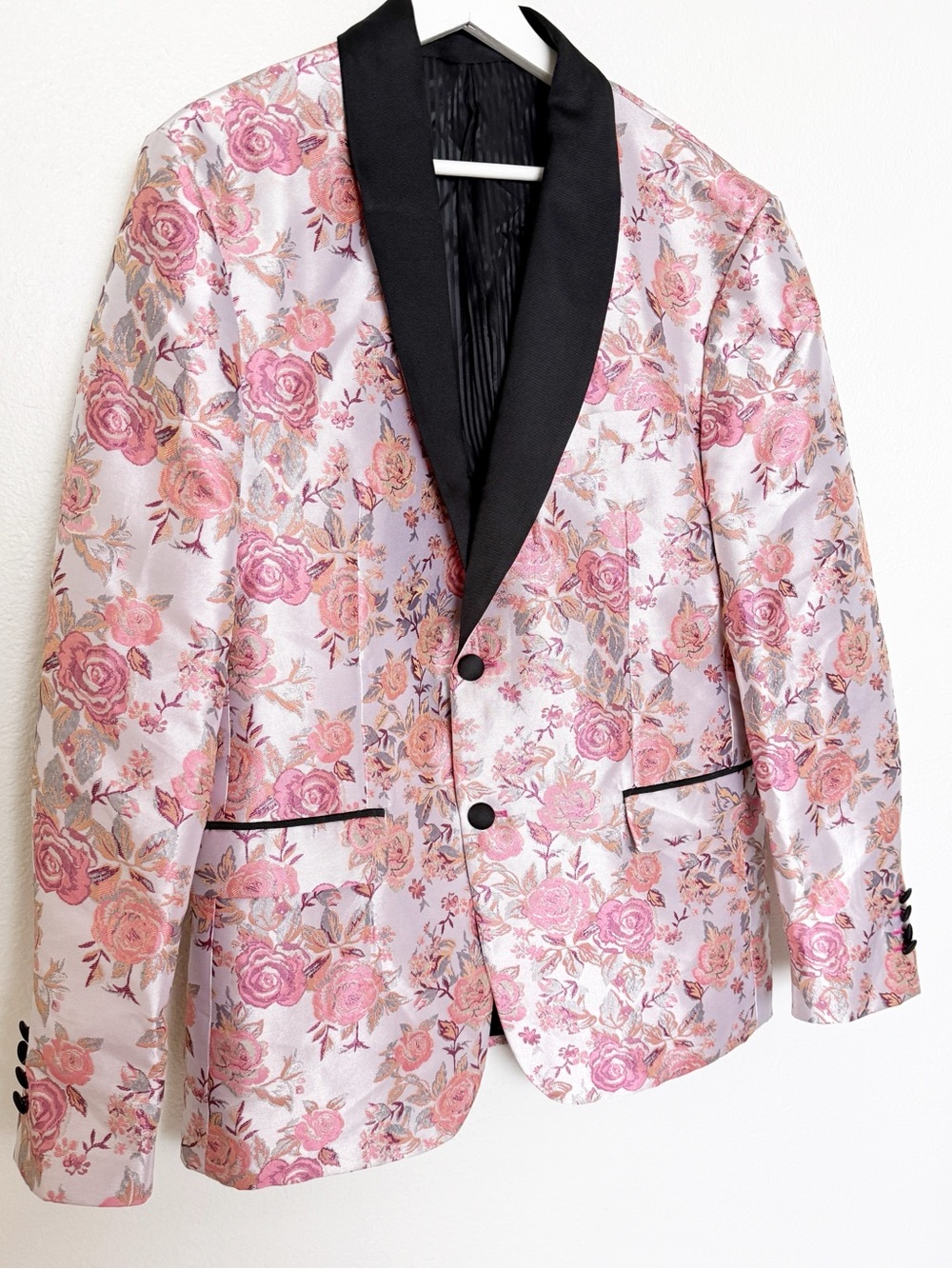 Zara Man Floral Jacquard Tuxedo Blazer Pink Black Notch Lapel Size 42